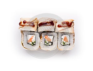 Set of salmon and eel rolls isolated on white, closeup