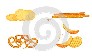 A set of salty snacks, pretzel, potato chips, bread sticks, cracker.