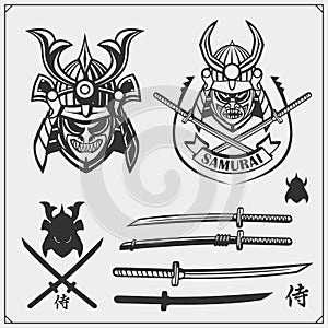 Set of samurai warrior masks, armor and weapon. Japanese warrior emblems, labels, badges and design elements.