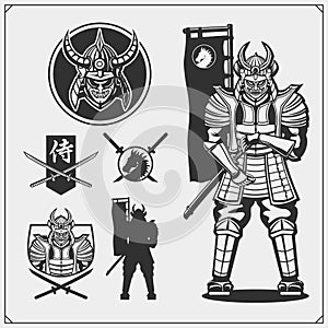 Set of samurai warrior masks, armor and weapon. Japanese warrior emblems, labels, badges and design elements.