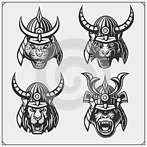 Set of samurai warrior masks with wild animals. Japanese warrior emblems and design elements.