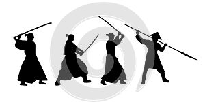 The Set of Samurai Warriors Silhouette with katana sword. Vector