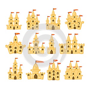 Set of sand castles of different shapes. Summer cartoon collection in vector.