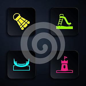 Set Sand tower, Badminton shuttlecock, Boat swing and Kid slide. Black square button. Vector