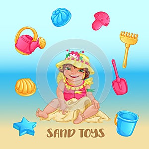 A set of sand toys and a cute girl in a yellow hat