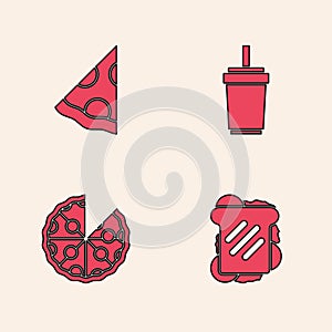 Set Sandwich, Slice of pizza, Paper glass with straw and Pizza icon. Vector