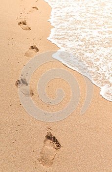 A set of sandy footprints on the beach about to be washed off by the waves