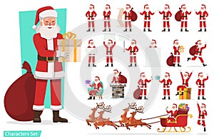 Set of Santa Claus character design. Presentation in various action with emotions, running, standing, and walking