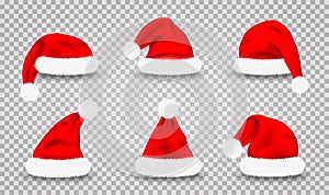 Set of Santa Claus hats. Realistic red Santa Claus`s caps isolated on transparent background. Christmas Santa`s hats