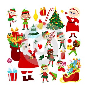 Set of Santa Claus, Mrs. Santa Claus, elves, Christmas trees and lollipops in cartoon style isolated on white background.