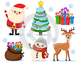 Set of Santa Claus, reindeer and snowman closeup on a white background. Christmas