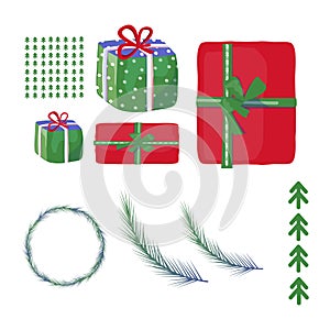 Set of Santa Clauses ready for Christmas Christmas Tree. Text. Vector illustration. Clip art. Gift box new years eve