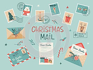 Set of Santa mail included Christmas opened and closed envelopes, decorated with branches and dried lemon slice, seals, postage