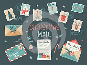 Set of Santa mail included Christmas opened and closed envelopes, decorated with branches and dried lemon slice, seals, postage