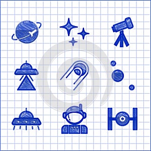 Set Satellite, Astronaut, Cosmic ship, Solar system, UFO flying spaceship, Telescope and Planet icon. Vector