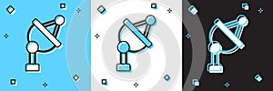 Set Satellite dish icon isolated on blue and white, black background. Radio antenna, astronomy and space research