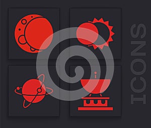 Set Satellite dish, Moon, Eclipse of the sun and Satellites orbiting the planet Earth icon. Vector