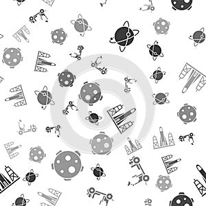 Set Satellites orbiting the planet Earth, Mars rover, Rocket launch from the spaceport and Planet on seamless pattern