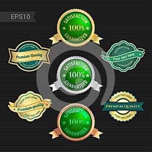 Set of satisfaction guarantee and premium quality emblem or badge with award ribbon in green color tone