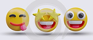 Set of satisfied, pleasantly impressed emoticons. 3D characters, front view