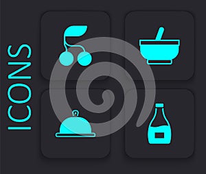 Set Sauce bottle, Fresh berries, Mortar and pestle and Covered with tray of food icon. Black square button. Vector