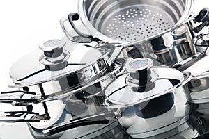 A set of saucepans, stainless steel