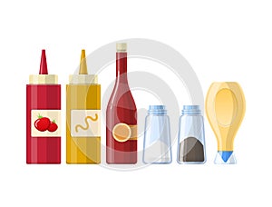 Set of sauces, spices and condiments, in different realistic bottles.