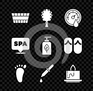 Set Sauna bucket, broom, thermometer, Foot massage, Pipette, Aroma candle, Spa salon and Essential oil bottle icon