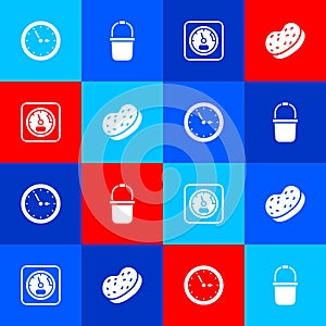 Set Sauna clock, bucket, thermometer and Bath sponge icon. Vector