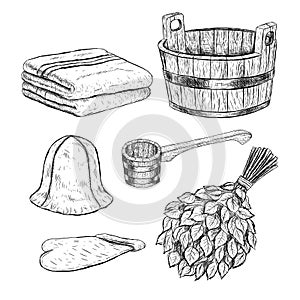 Set for sauna. Hand drawn vector items for bath.