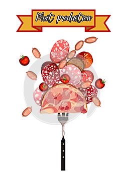 Set of sausage. Bacon. Salami. Smoked Boiled. Slices. Isolated objects on a white background, vector illustration