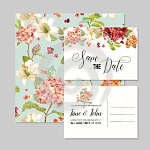 Set of Save the Date Cards with Autumn Vintage Hortensia Flowers for Wedding, Invitation, Party