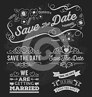 Set of save the date typography, frame and ribbon chalk style.
