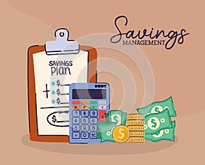 set of saving management icons and saving management lettering