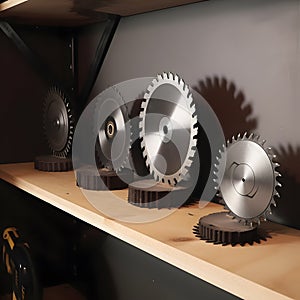 A set of saw blades arranged in different sizes on a shel one created with generative AI photo