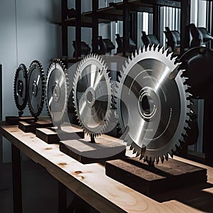 A set of saw blades arranged in different sizes on a shel two created with generative AI photo