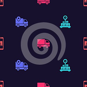 Set Scale with cardboard box, Delivery tracking, cargo truck vehicle and Mobile app on seamless pattern. Vector