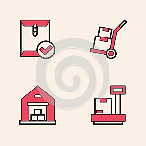 Set Scale with cardboard box, Envelope and check mark, Hand truck boxes and Warehouse icon. Vector