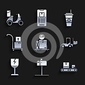 Set Scale with cardboard box, Open mail, Conveyor belt, Forklift truck, Fragile broken glass symbol, Hand and boxes