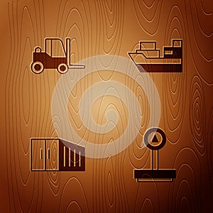 Set Scale, Forklift truck, Container and Cargo ship with boxes delivery on wooden background. Vector