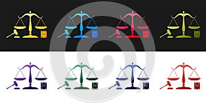 Set Scales of justice, gavel and book icon isolated on black and white background. Symbol of law and justice. Concept