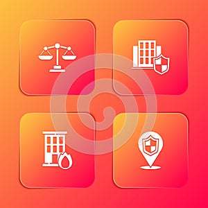 Set Scales of justice, House with shield, Fire in burning house and Location icon. Vector