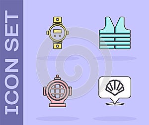 Set Scallop sea shell, Diving watch, Aqualung and Life jacket icon. Vector