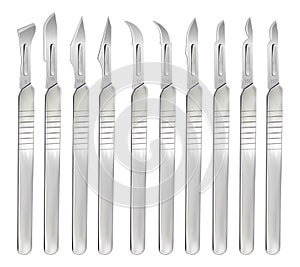 Set of scalpels with interchangeable blades of various shapes. Surgical operating hand tools. Realistic objects on a