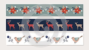 Set of Scandinavian Christmas web banners, washi tapes. Seamless winter patterns with winter flowers, poinsettia