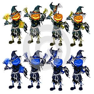 A set of scarecrows with heads in the form of pumpkins. The attributes of the holiday Halloween isolated on white