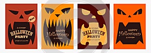 Set of scary banners for Halloween. Templates for posters, cards, flyers, brochures. Monsters, pumpkins, fangs. Flat design.  Spac