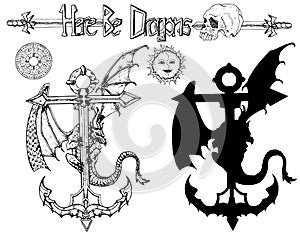 Set with scary detailed dragon sitting on ancient anchor, compass and silhouette