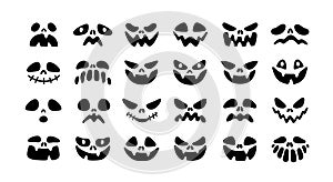 Set of scary Halloween faces with different expressions and emotions. Evil pumpkin's eyes and mouths. Stencils of creepy