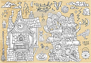 Set of scary Halloween traditional symbols and objects with witch house, cat, broom and pumpkin